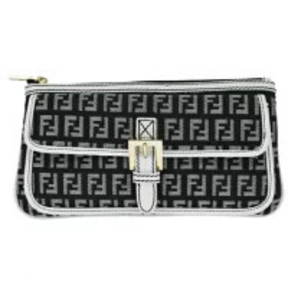 Fendi Zucca Cosmetic Pouch Clutch Bag Black White Canvas Leather